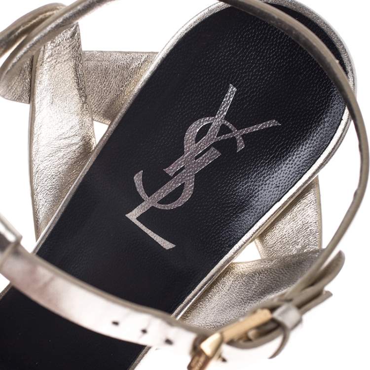 Pre Owned Saint Laurent Paris Metallic Gold Leather Tribute Platform Sandals Size 38