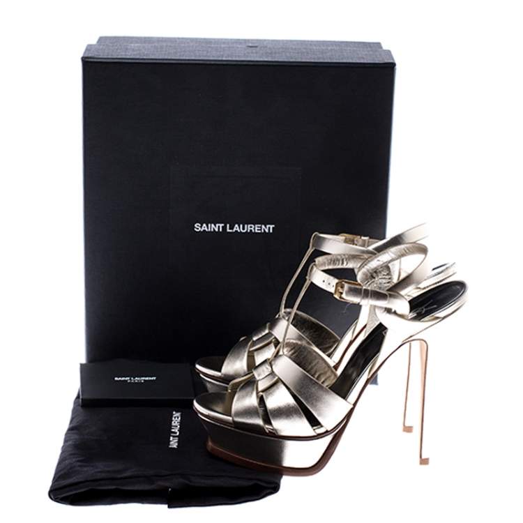 Pre Owned Saint Laurent Paris Metallic Gold Leather Tribute Platform Sandals Size 38