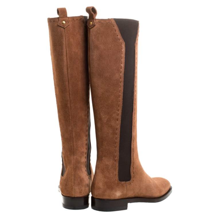 Pre Owned Saint Laurent Paris Brown Suede And Elastic Stitch Detail Knee Length Boots Size 35