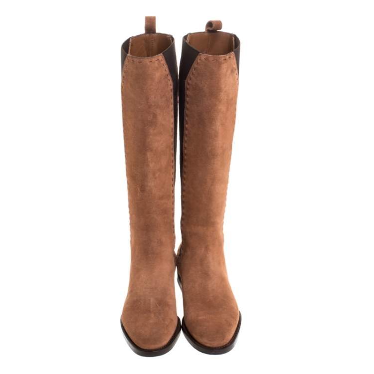 Pre Owned Saint Laurent Paris Brown Suede And Elastic Stitch Detail Knee Length Boots Size 35
