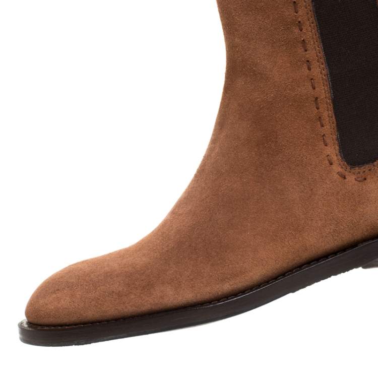 Pre Owned Saint Laurent Paris Brown Suede And Elastic Stitch Detail Knee Length Boots Size 35