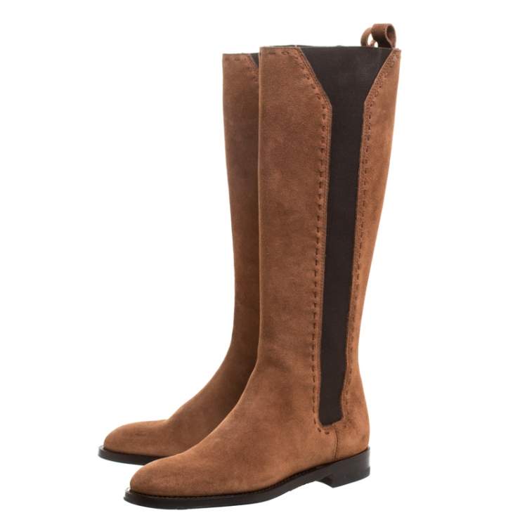 Pre Owned Saint Laurent Paris Brown Suede And Elastic Stitch Detail Knee Length Boots Size 35