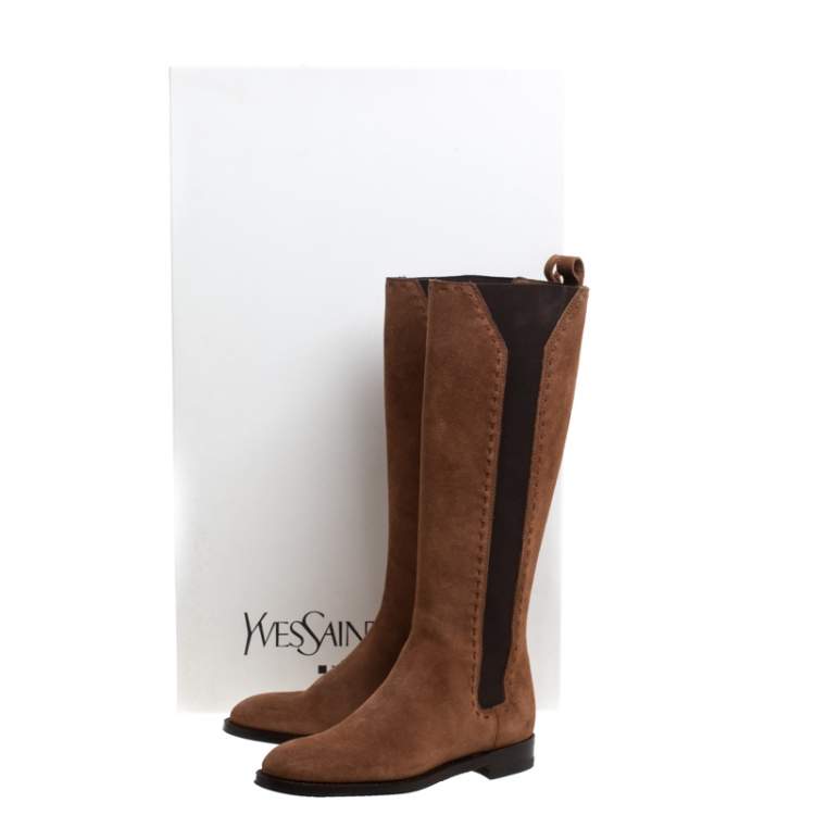 Pre Owned Saint Laurent Paris Brown Suede And Elastic Stitch Detail Knee Length Boots Size 35