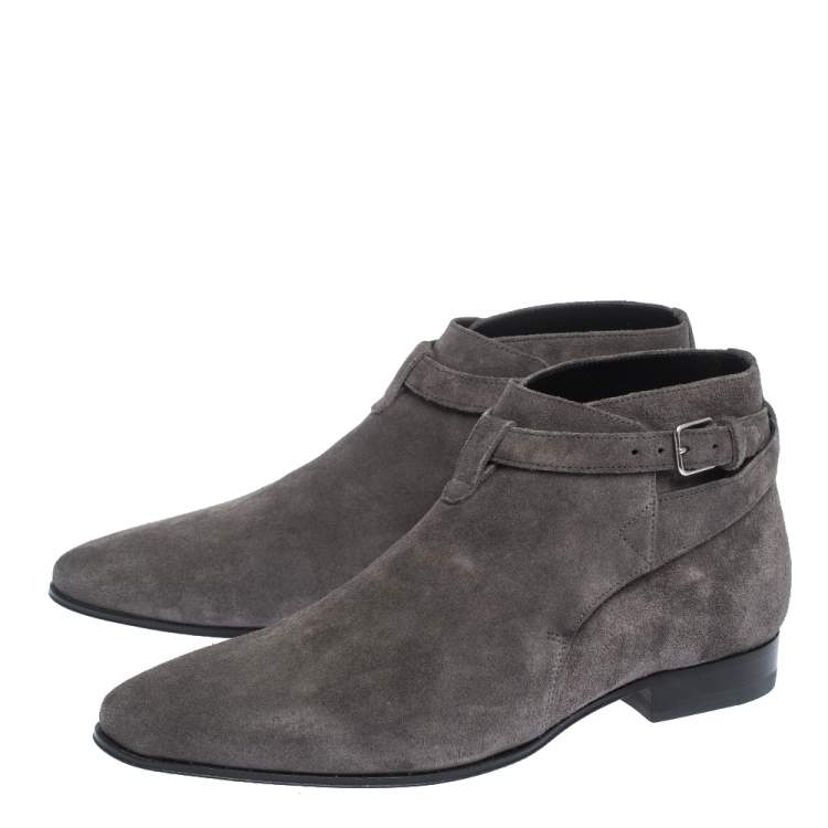 Pre Owned Saint Laurent Paris Grey Suede Buckle Ankle Boots Size 39