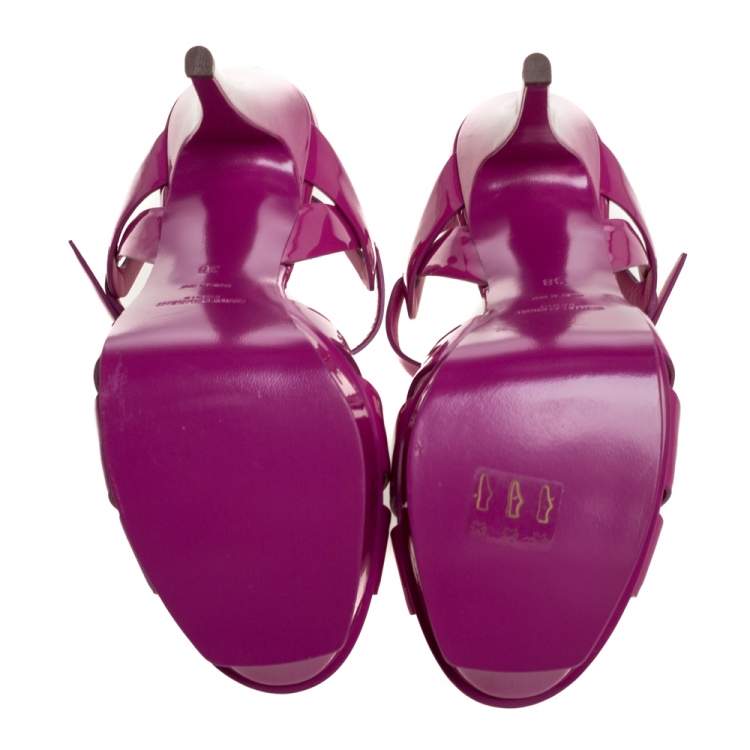 Pre Owned Saint Laurent Paris Pink Patent Leather Tribute Platform Ankle Strap Sandals Size 38