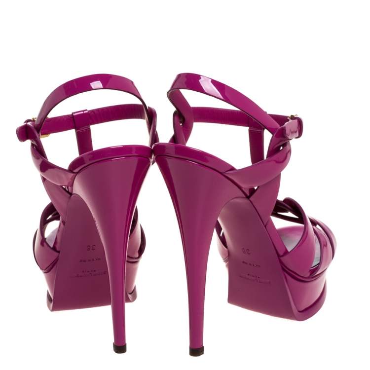 Pre Owned Saint Laurent Paris Pink Patent Leather Tribute Platform Ankle Strap Sandals Size 38