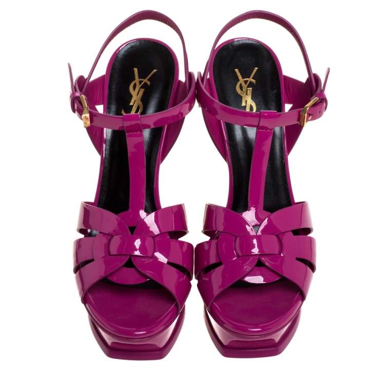 Pre Owned Saint Laurent Paris Pink Patent Leather Tribute Platform Ankle Strap Sandals Size 38