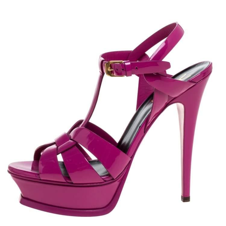 Pre Owned Saint Laurent Paris Pink Patent Leather Tribute Platform Ankle Strap Sandals Size 38