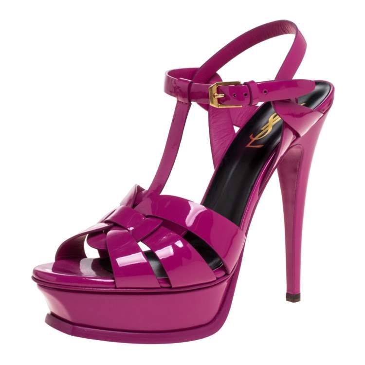 Pre Owned Saint Laurent Paris Pink Patent Leather Tribute Platform Ankle Strap Sandals Size 38