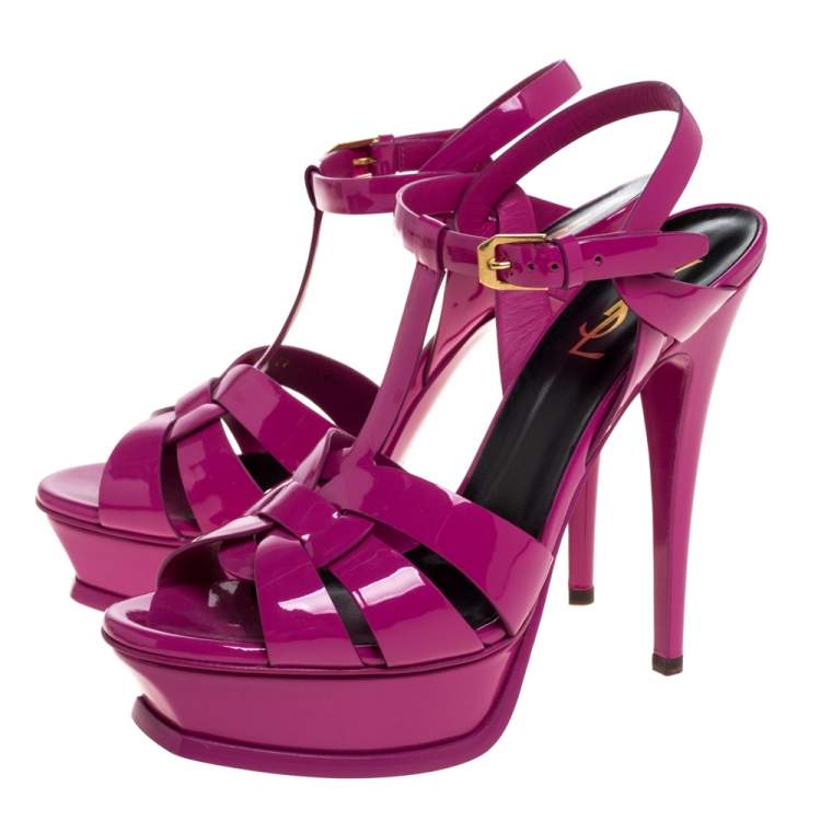 Pre Owned Saint Laurent Paris Pink Patent Leather Tribute Platform Ankle Strap Sandals Size 38