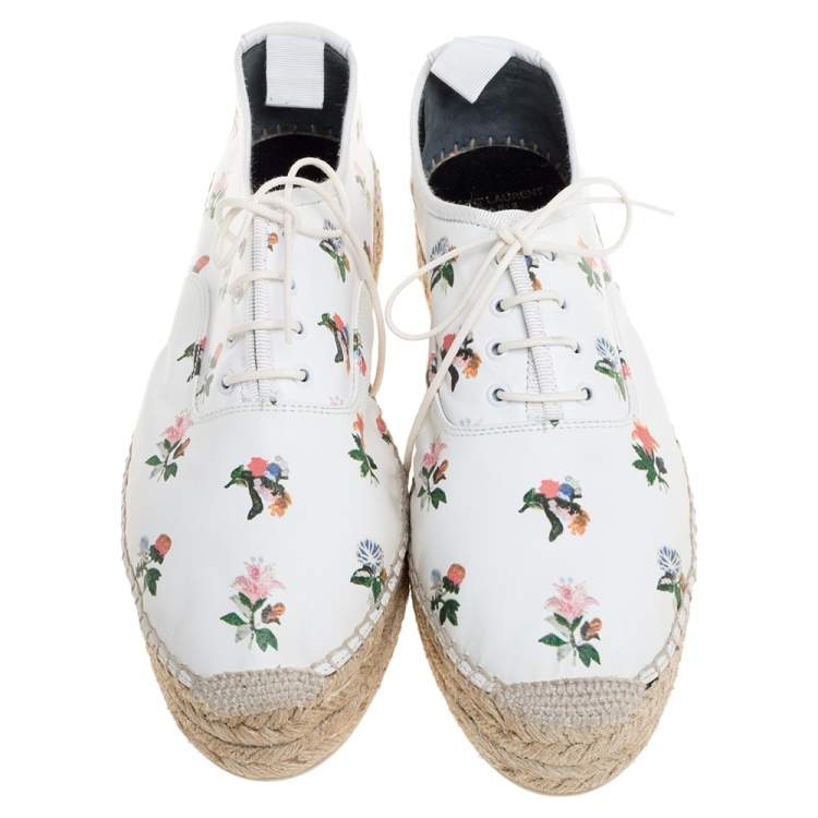 Pre Owned Saint Laurent Paris White Floral Print Leather Espadrilles Wedge Platform Sneakers Size 40