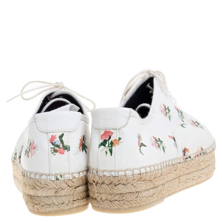 Pre Owned Saint Laurent Paris White Floral Print Leather Espadrilles Wedge Platform Sneakers Size 40