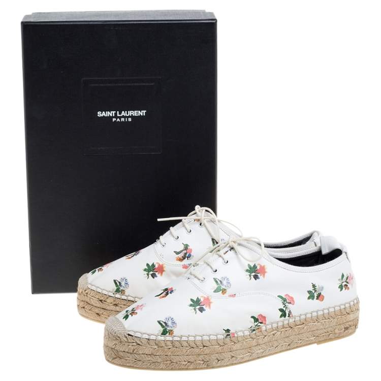Pre Owned Saint Laurent Paris White Floral Print Leather Espadrilles Wedge Platform Sneakers Size 40