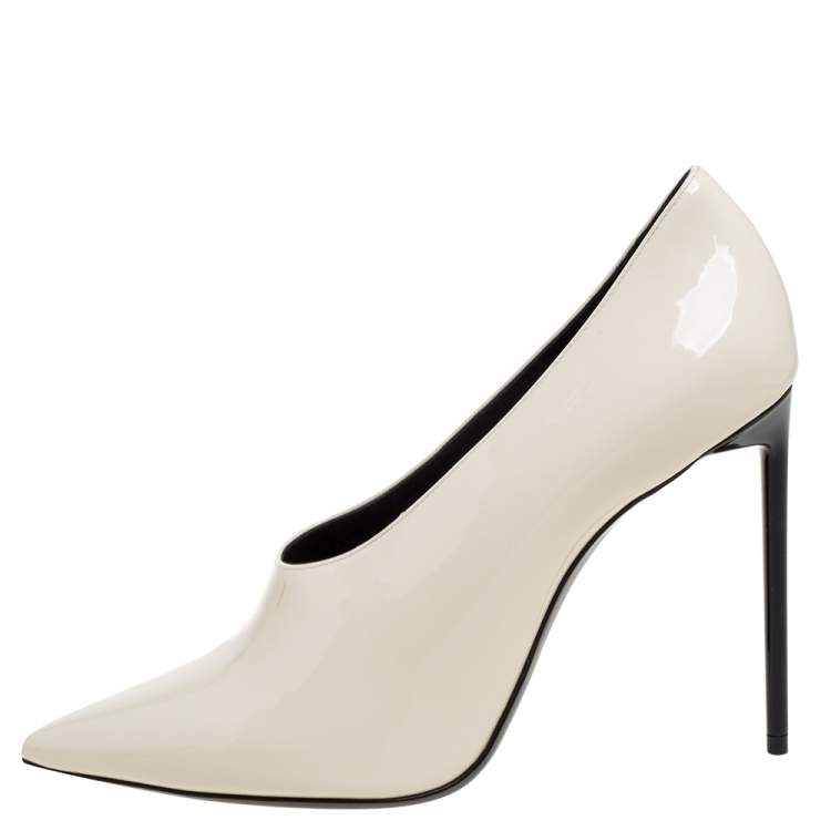 Pre Owned Saint Laurent Paris Cream Patent Leather Teddy Pumps Size 38.5