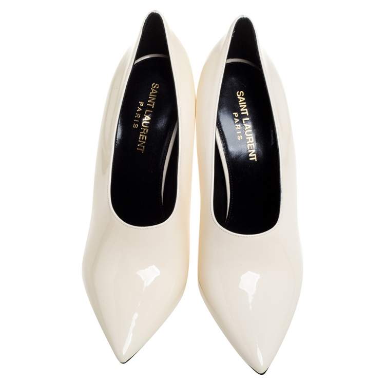Pre Owned Saint Laurent Paris Cream Patent Leather Teddy Pumps Size 38.5