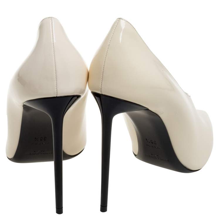 Pre Owned Saint Laurent Paris Cream Patent Leather Teddy Pumps Size 38.5