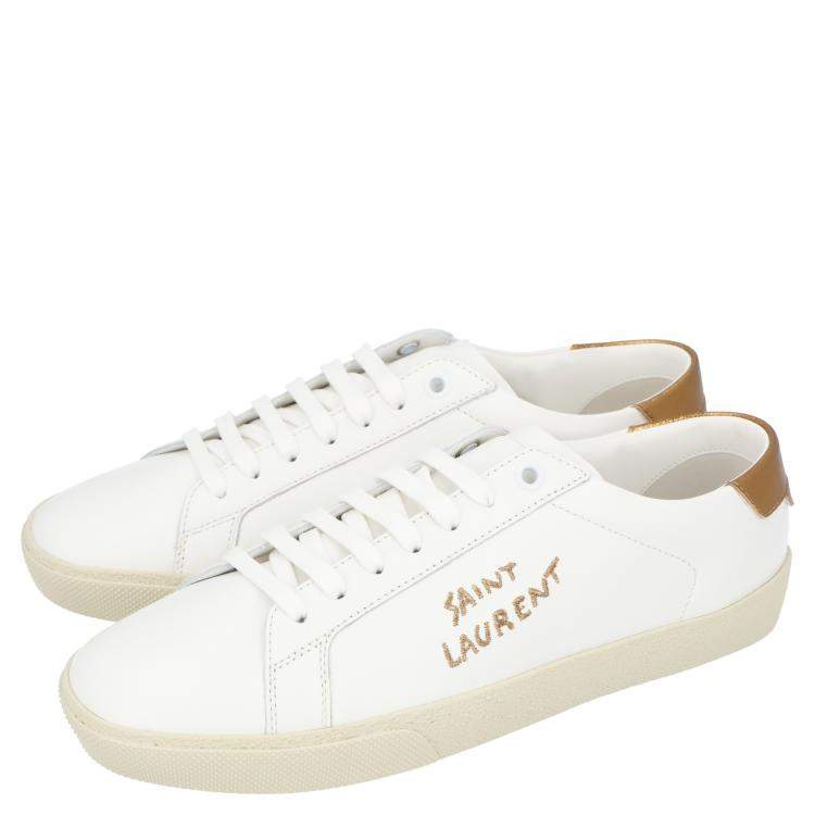 مملوكة مسبقًا Saint Laurent White/Brown Leather Court Classic Sneakers Size EU 37