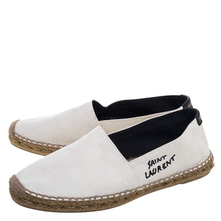 Pre Owned Saint Laurent White Canvas Logo Embroidered Flat Espadrilles Size 42