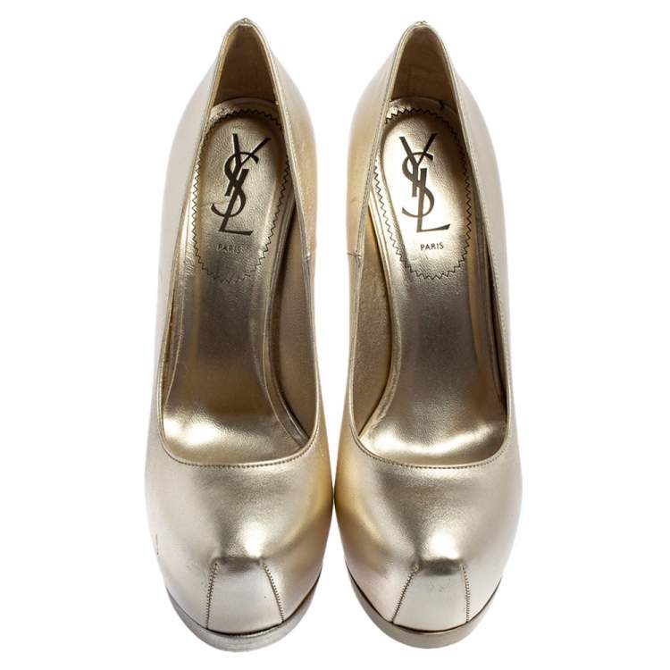 Pre Owned Saint Laurent Pale Gold Leather Tribtoo Platform Pumps Size 38