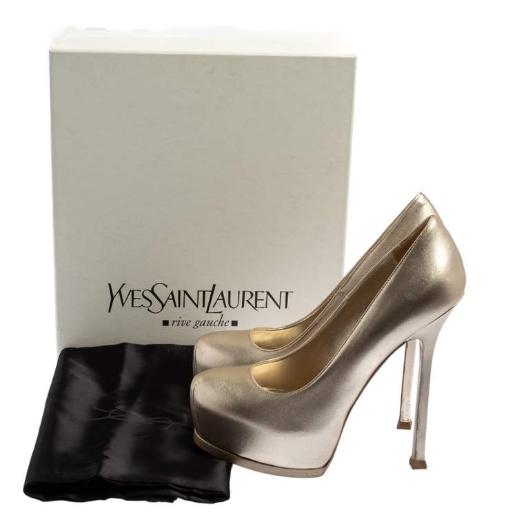 Pre Owned Saint Laurent Pale Gold Leather Tribtoo Platform Pumps Size 38