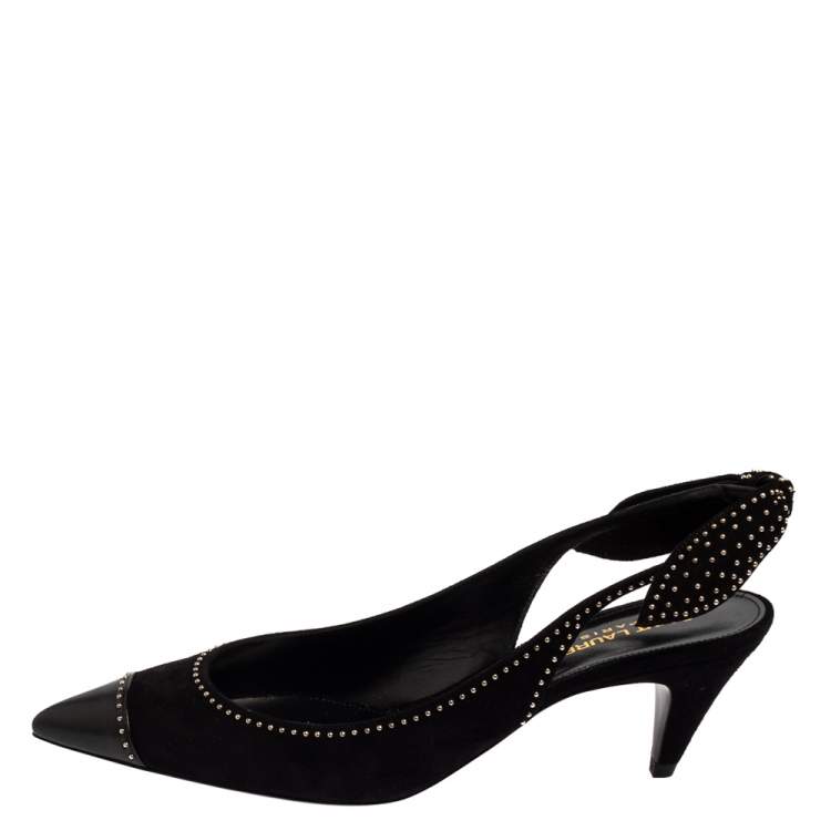 Pre Owned Saint Laurent Black Studded Suede And Leather Slingback Pumps Size 37.5
