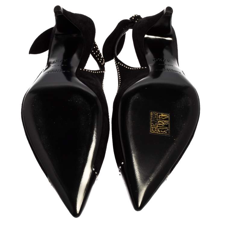 Pre Owned Saint Laurent Black Studded Suede And Leather Slingback Pumps Size 37.5