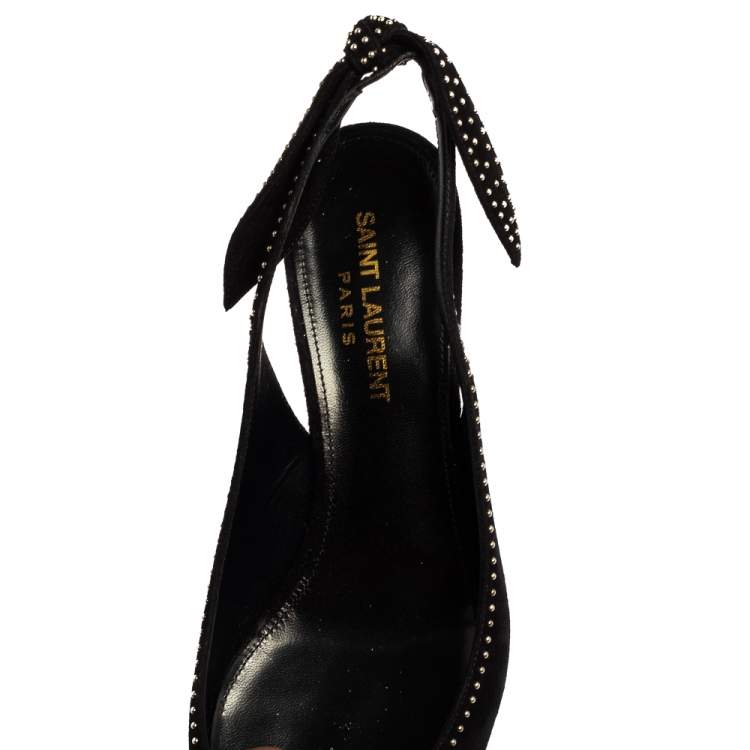 Pre Owned Saint Laurent Black Studded Suede And Leather Slingback Pumps Size 37.5