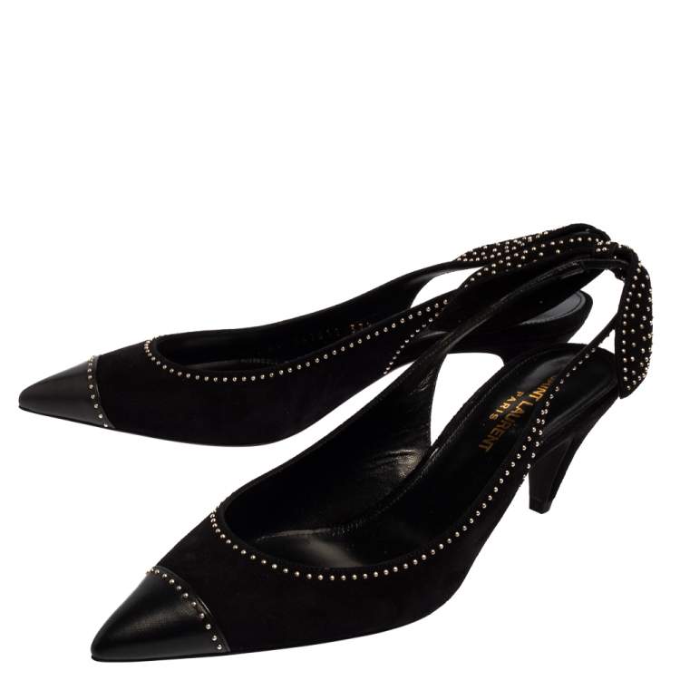 Pre Owned Saint Laurent Black Studded Suede And Leather Slingback Pumps Size 37.5