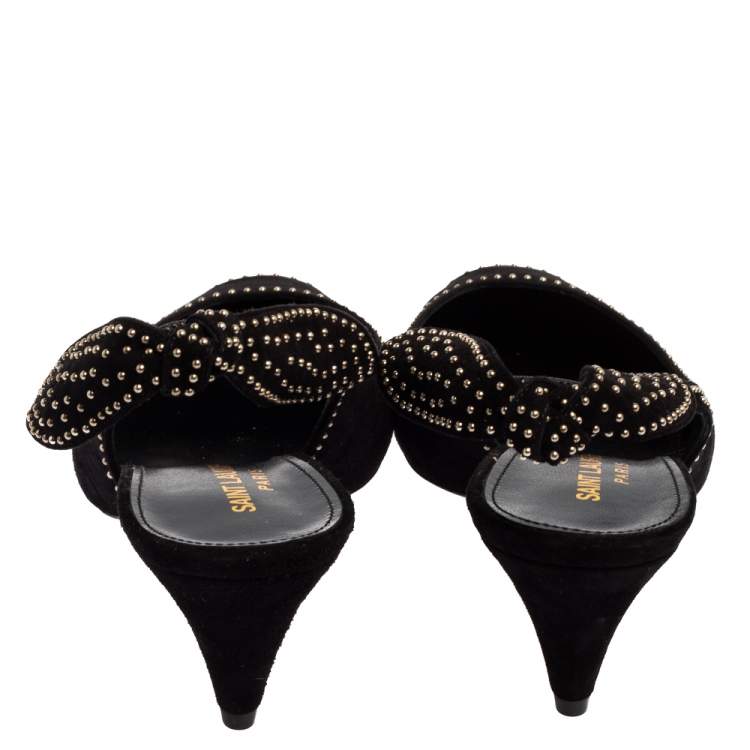 Pre Owned Saint Laurent Black Studded Suede And Leather Slingback Pumps Size 37.5