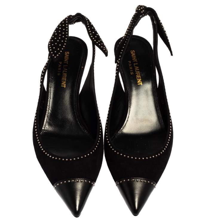 Pre Owned Saint Laurent Black Studded Suede And Leather Slingback Pumps Size 37.5