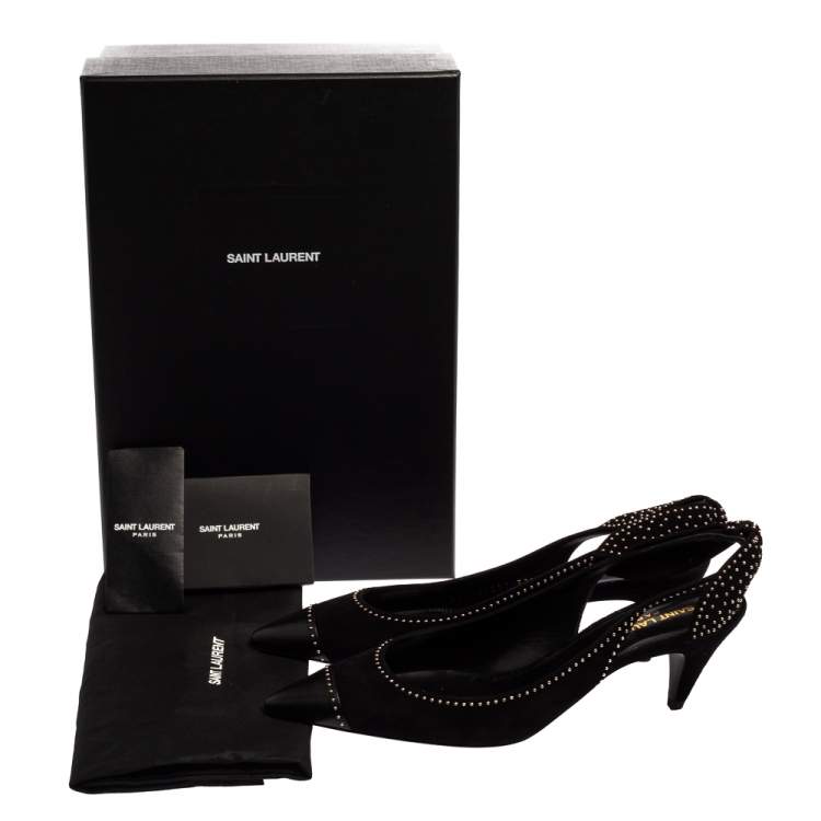 Pre Owned Saint Laurent Black Studded Suede And Leather Slingback Pumps Size 37.5