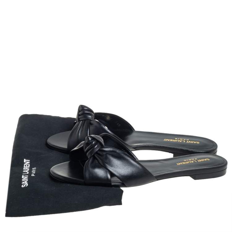 Pre Owned Saint Laurent Black Leather Twist Detail Flat Slides Size 39.5