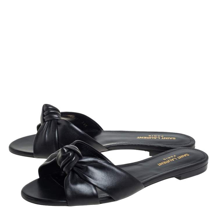 Pre Owned Saint Laurent Black Leather Twist Detail Flat Slides Size 39.5