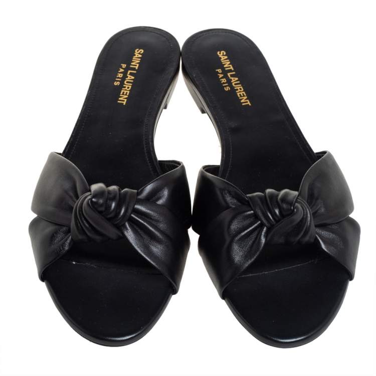 Pre Owned Saint Laurent Black Leather Twist Detail Flat Slides Size 39.5