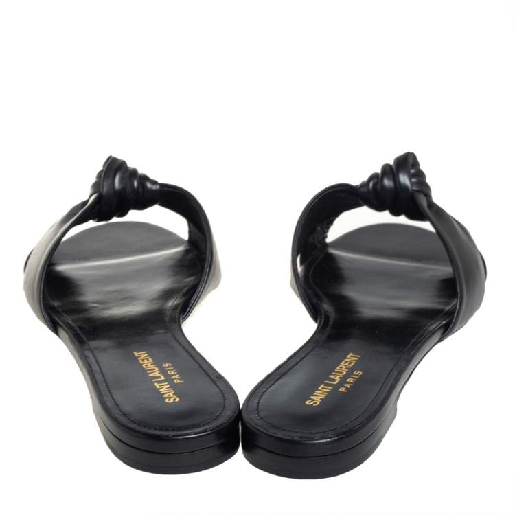Pre Owned Saint Laurent Black Leather Twist Detail Flat Slides Size 39.5