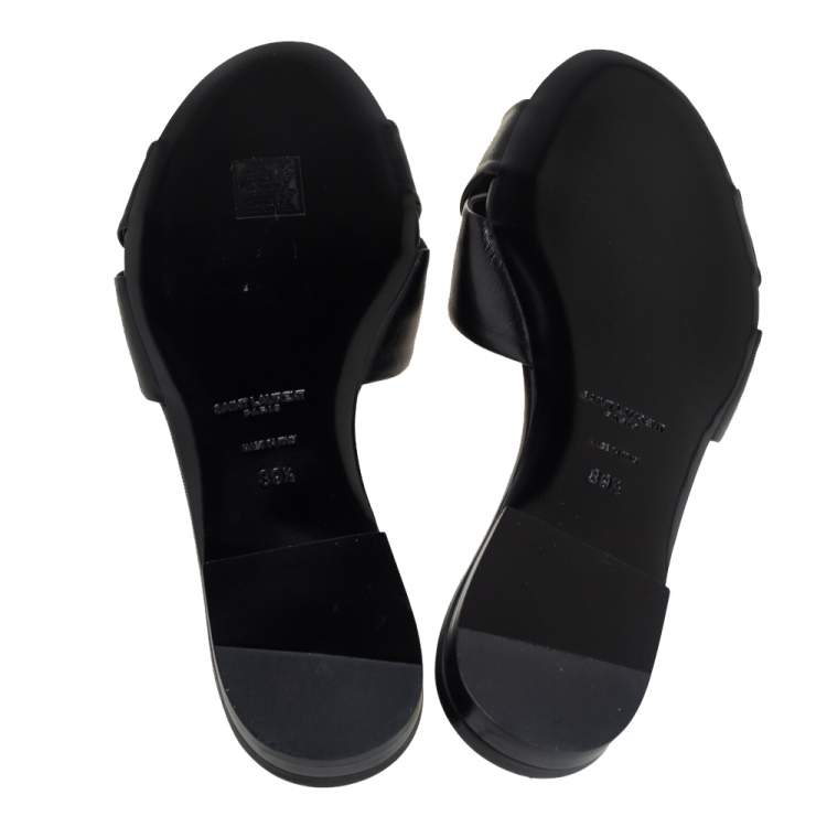 Pre Owned Saint Laurent Black Leather Twist Detail Flat Slides Size 39.5