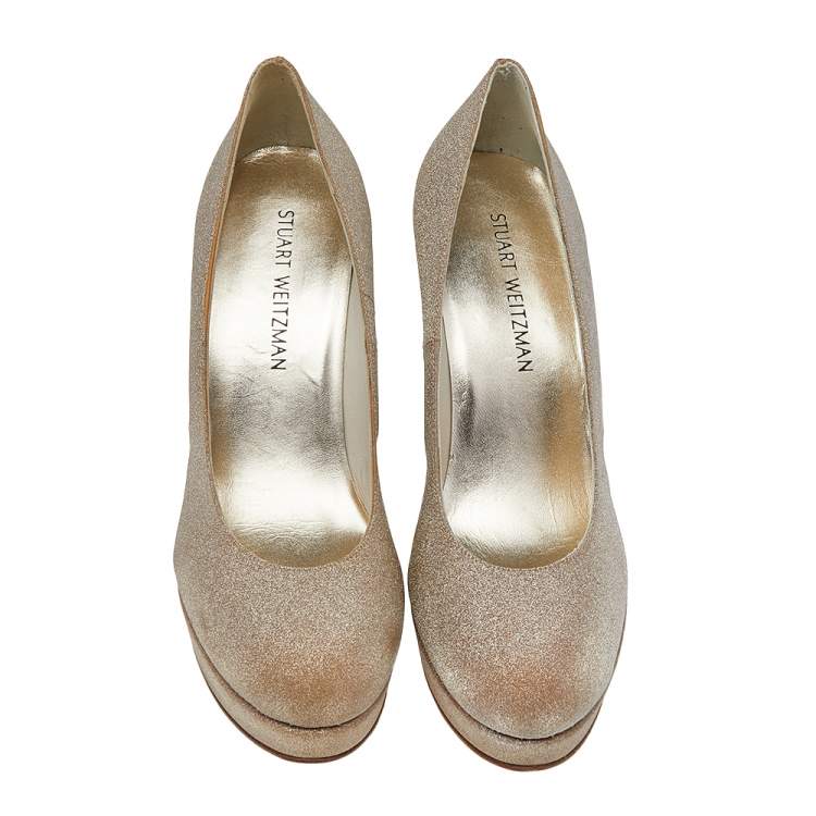Pre Owned Stuart Weitzman Metallic Gold Glitter Platform Pumps Size 41