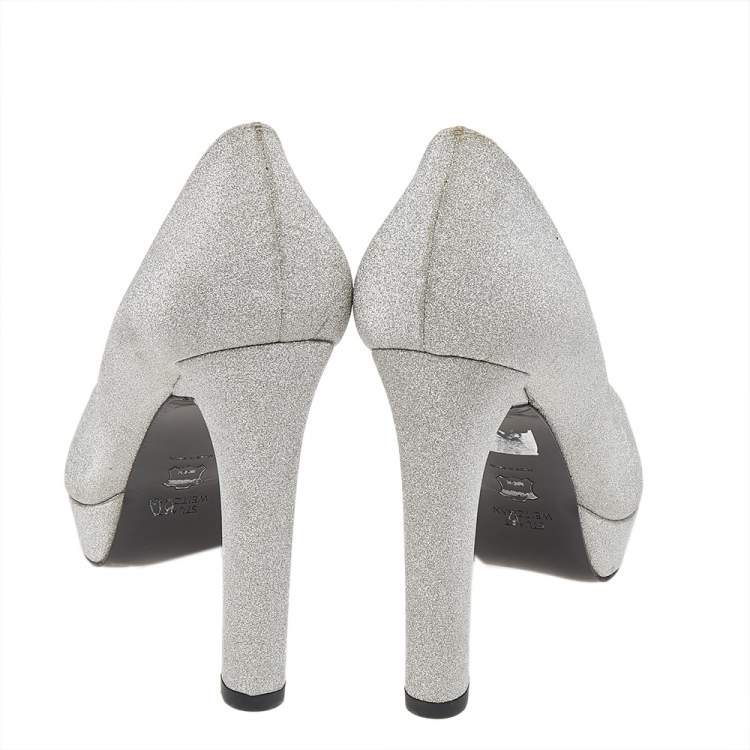 Pre Owned Stuart Weitzman Metallic Silver Glitter Platform Pumps Size 38.5