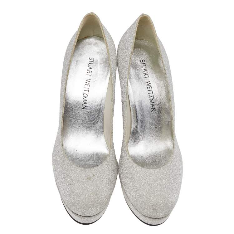 Pre Owned Stuart Weitzman Metallic Silver Glitter Platform Pumps Size 38.5