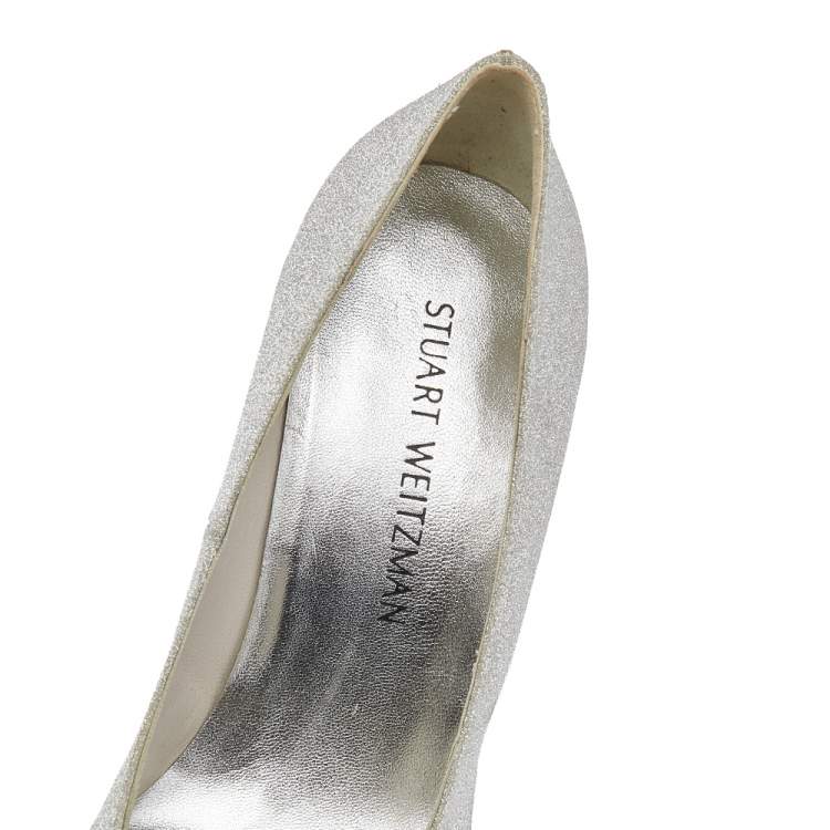 Pre Owned Stuart Weitzman Metallic Silver Glitter Platform Pumps Size 38.5