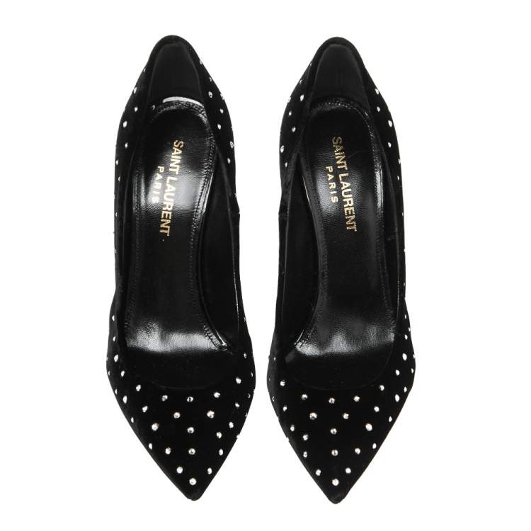 Pre Owned Saint Laurent  Black Velvet Anja 105 Crystal-Embellished Pumps Size 36.5