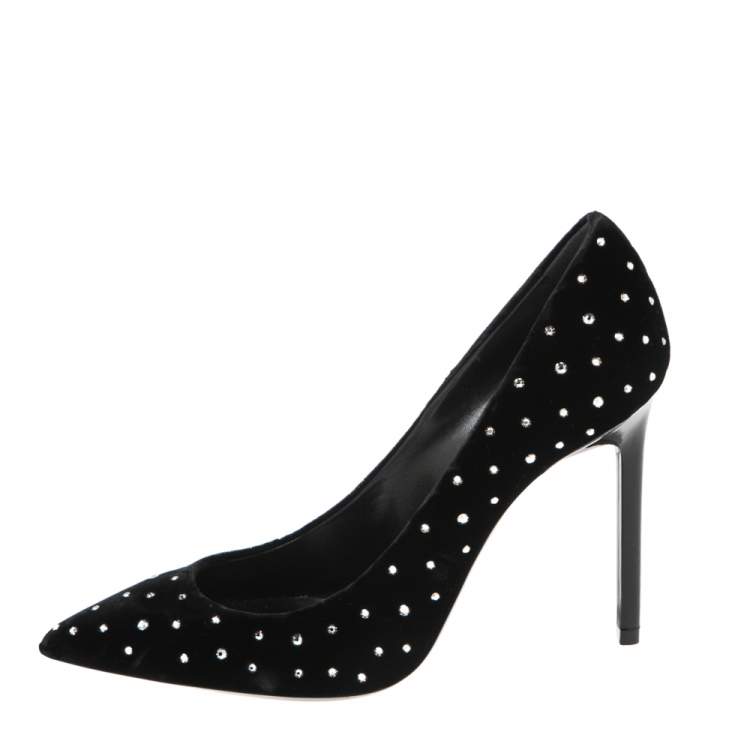 Pre Owned Saint Laurent  Black Velvet Anja 105 Crystal-Embellished Pumps Size 36.5