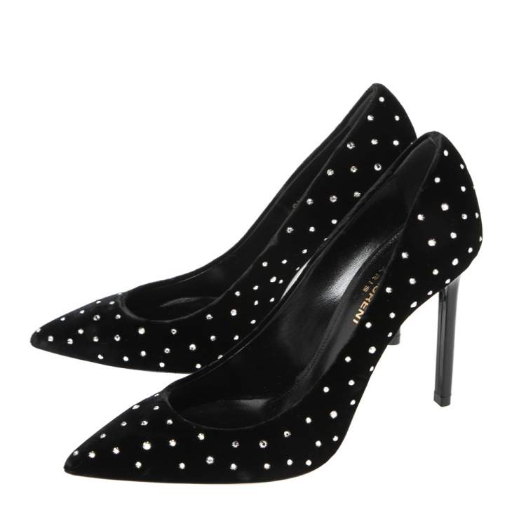 Pre Owned Saint Laurent  Black Velvet Anja 105 Crystal-Embellished Pumps Size 36.5