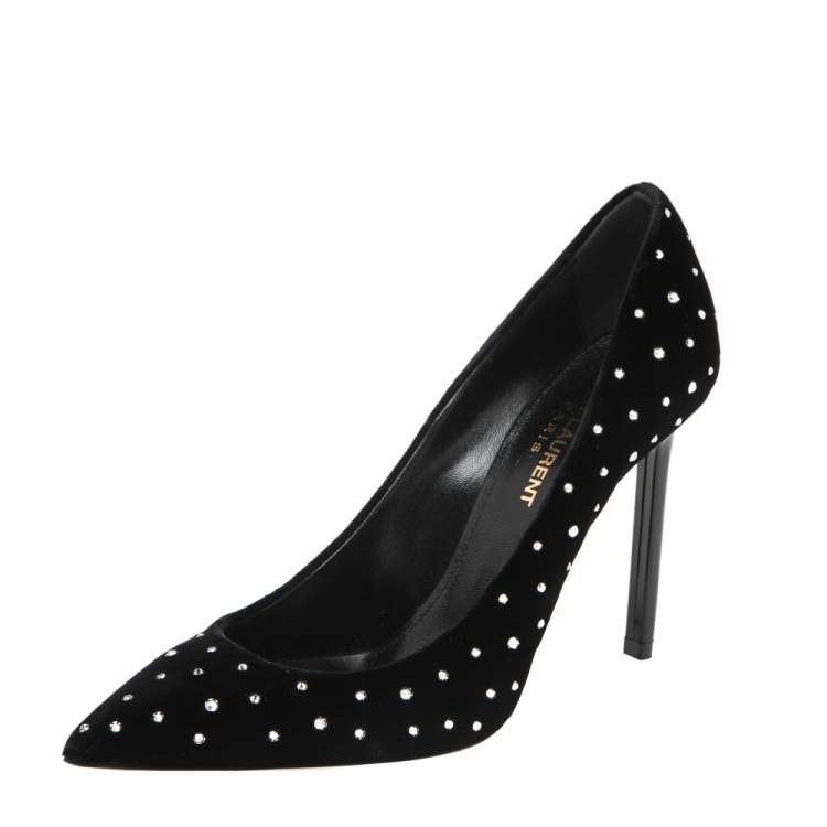Pre Owned Saint Laurent  Black Velvet Anja 105 Crystal-Embellished Pumps Size 36.5