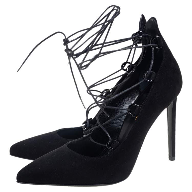Pre Owned Saint Laurent  Black Suede Lace Up Pointed Toe  Pumps Size 37.5