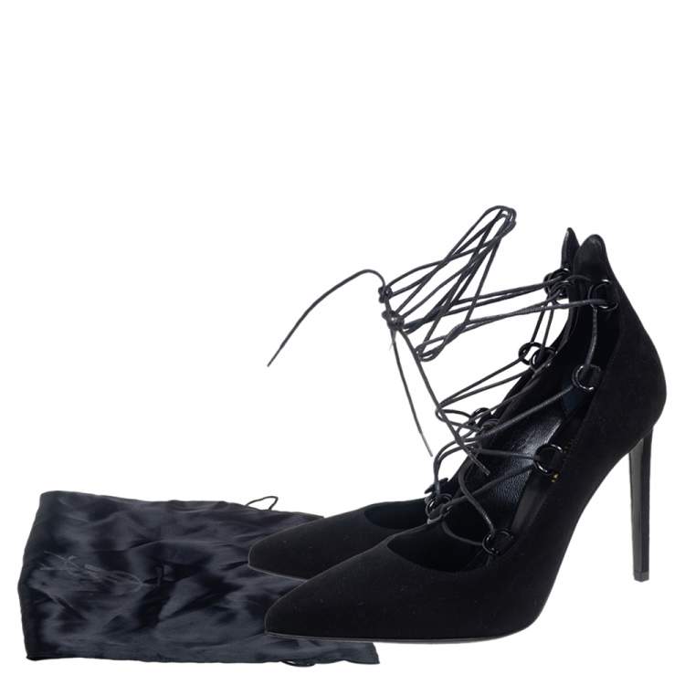Pre Owned Saint Laurent  Black Suede Lace Up Pointed Toe  Pumps Size 37.5