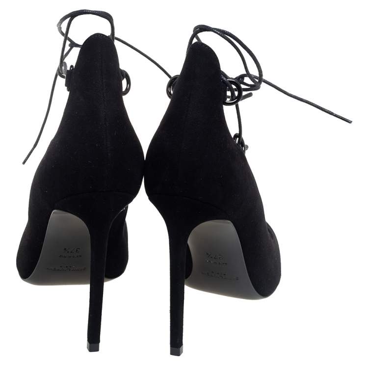 Pre Owned Saint Laurent  Black Suede Lace Up Pointed Toe  Pumps Size 37.5