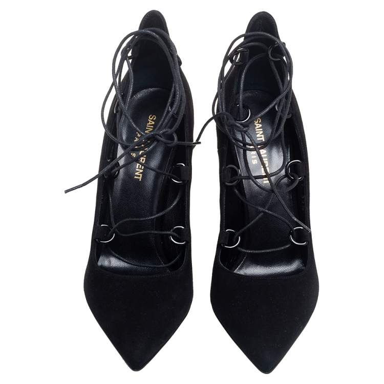 Pre Owned Saint Laurent  Black Suede Lace Up Pointed Toe  Pumps Size 37.5