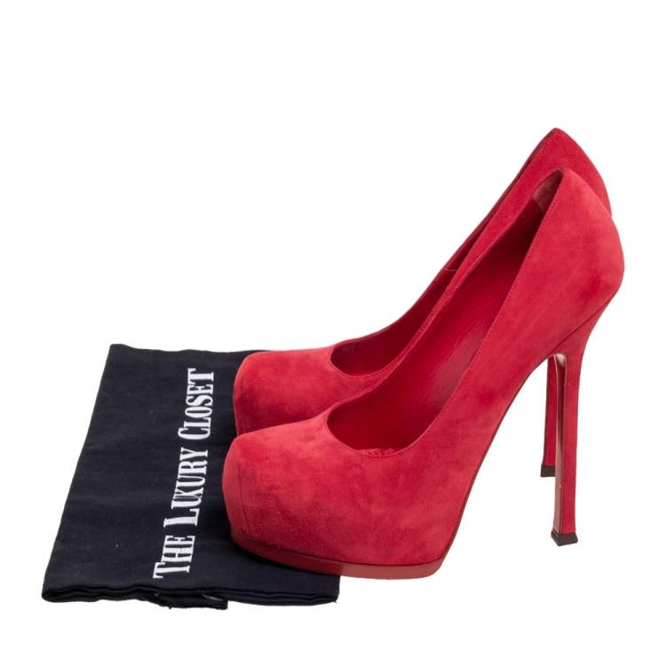 Pre Owned Saint Laurent Red Suede Leather Tribtoo Platform Pumps Size 38.5