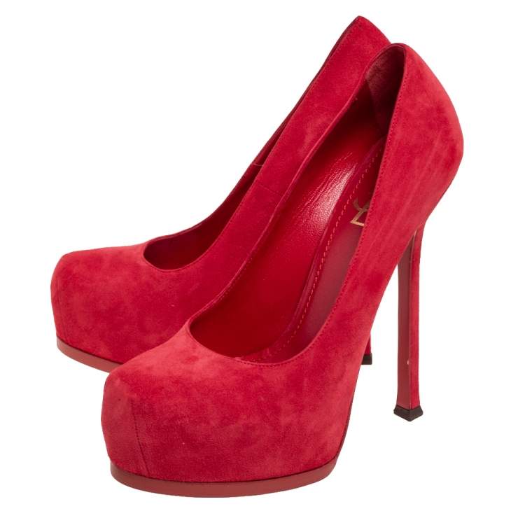 Pre Owned Saint Laurent Red Suede Leather Tribtoo Platform Pumps Size 38.5